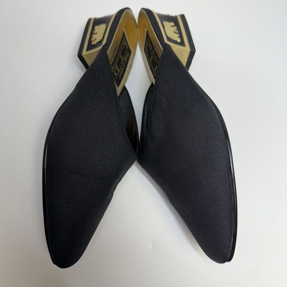 Vintage Coup D’etat Black Fabric Upper Gold Elephant Heel Slip On Mules Sz 7.5 - Picture 5 of 9